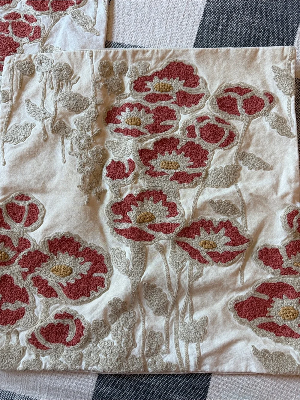 Pottery Barn Cream Pillow Covers with Red Poppy Embroidery - Pair